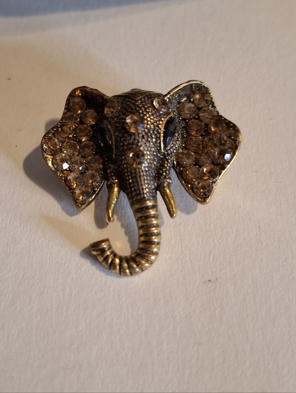 Antique Gold Elephant Brooch with Amber Rhinestones